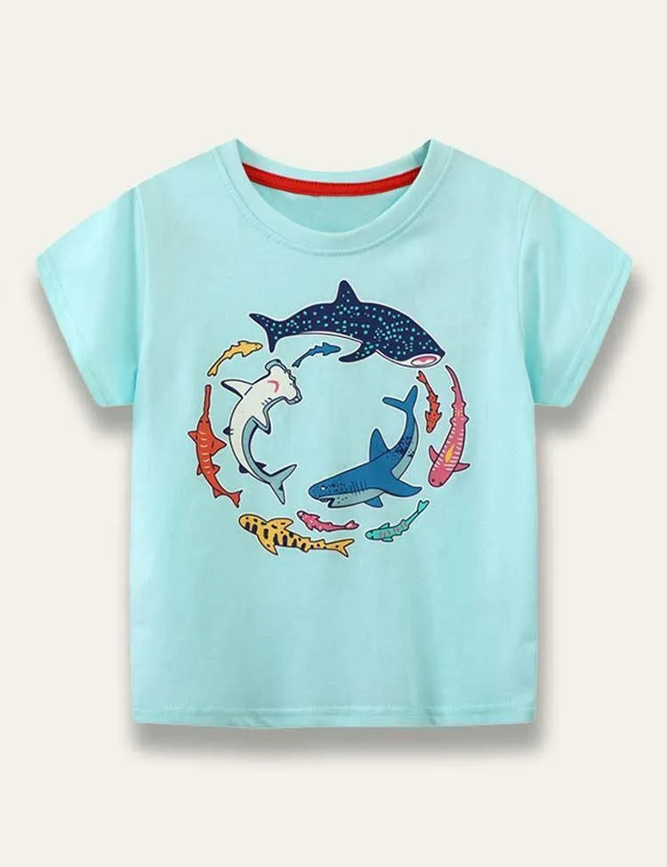 Glowing Cartoon Shark Printed T-Shirt - Mini Taylor