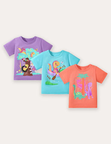 3PCS Dinosaur Print Short-sleeved T-shirt
