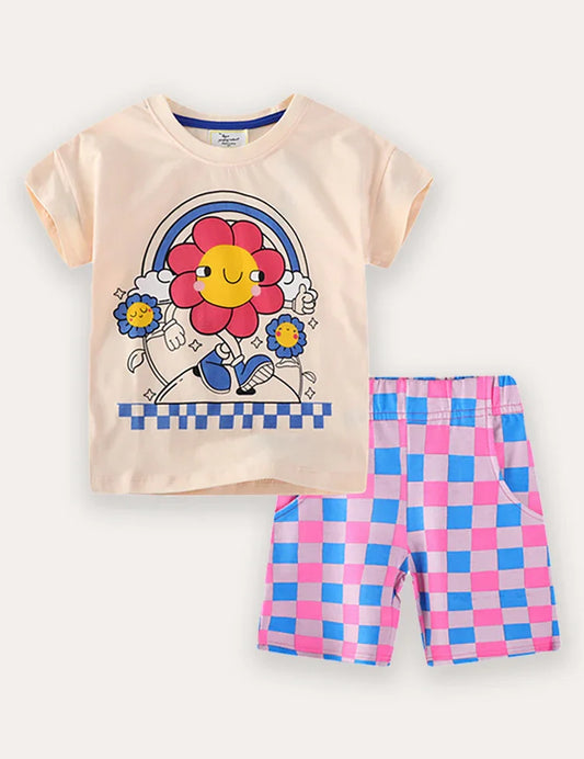Kurzarm-T-Shirt- und Shorts-Set mit Cartoon-Blumenprint