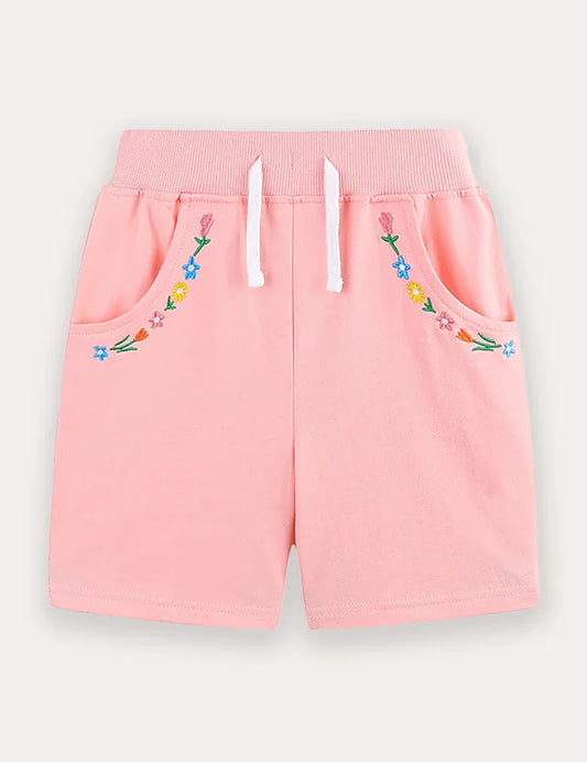 Flower Embroidered Cotton Shorts