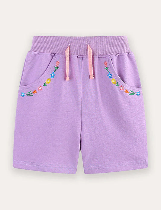Flower Embroidered Cotton Shorts
