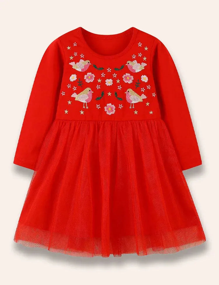 Niedliches Tüllkleid mit Vogelstickerei