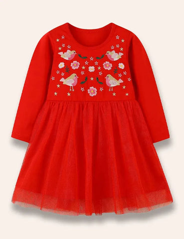 Niedliches Tüllkleid mit Vogelstickerei