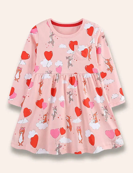 Abito stampato con coniglietto a palloncino a cuore