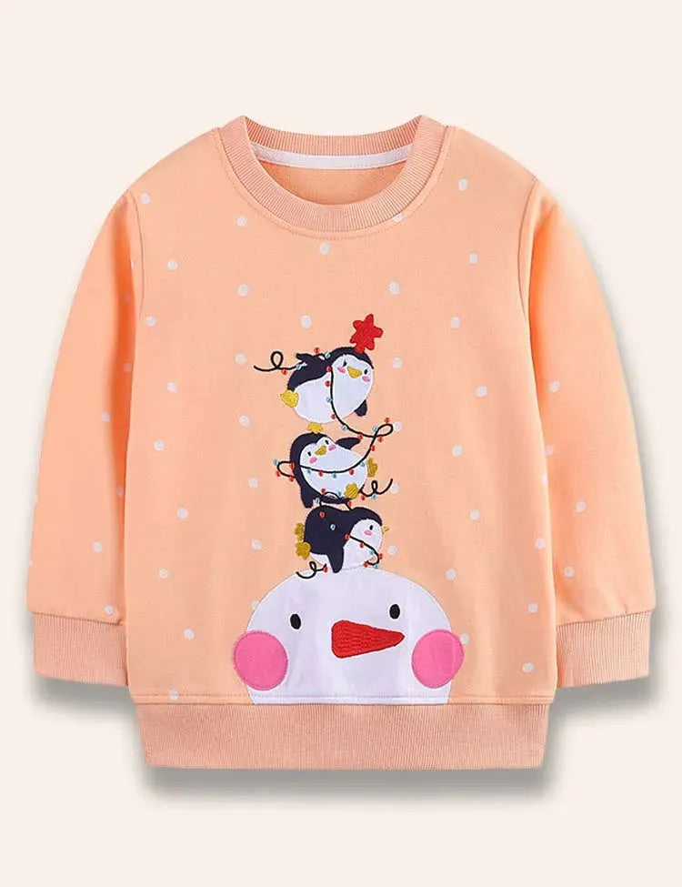 Cartoon Penguin Snowman Printed Snow Dotted Sweatshirt