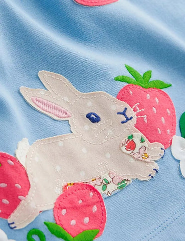 Bunny Strawberry Appliqué Long Sleeves Dress