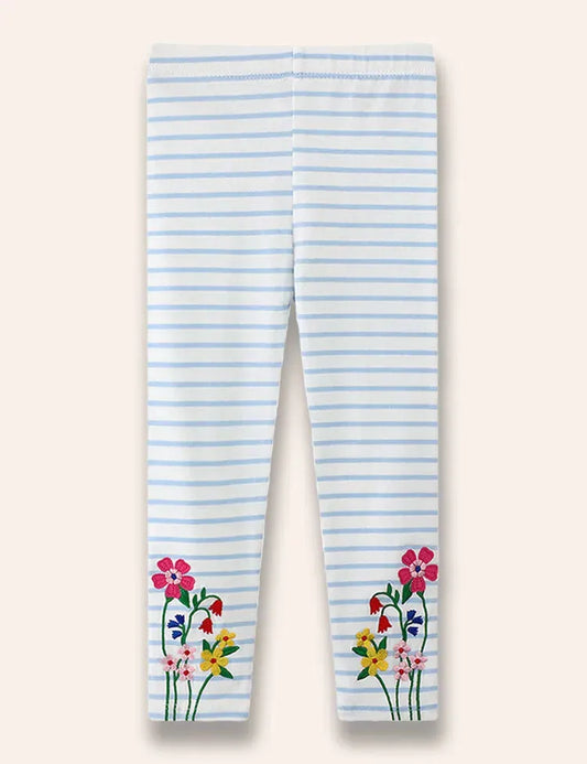 Floral Embroidered Striped Leggings