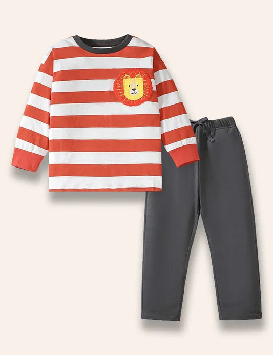 Set di t-shirt a righe con applicazioni di leone cartone animato