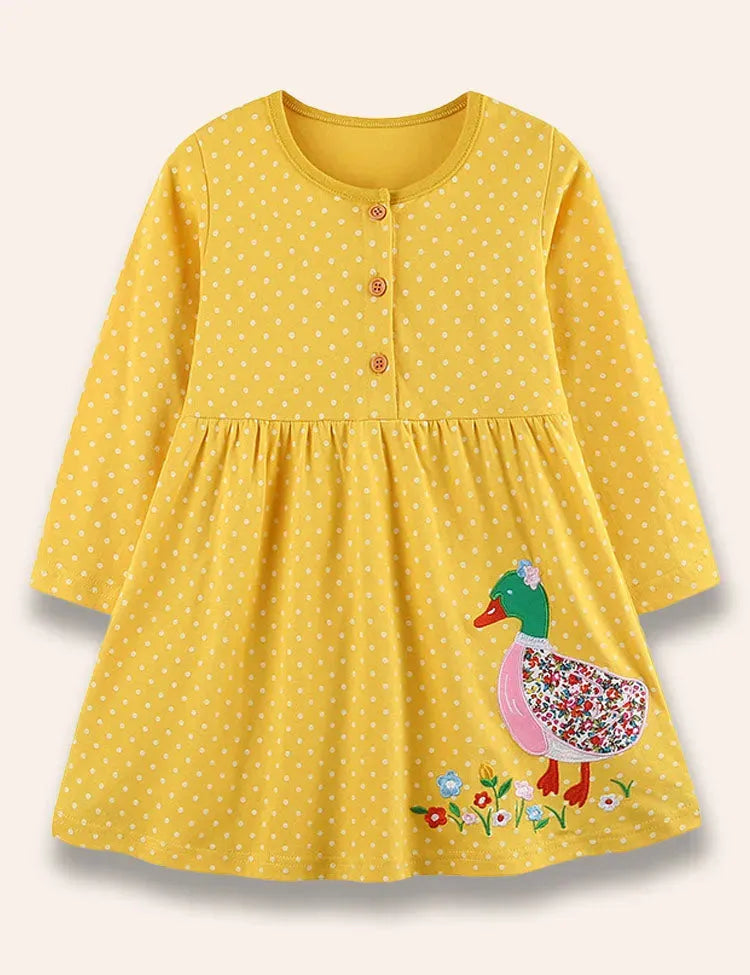 Gepunktetes Kleid mit Enten-Applikation im Floralmuster