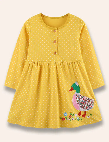 Gepunktetes Kleid mit Enten-Applikation im Floralmuster