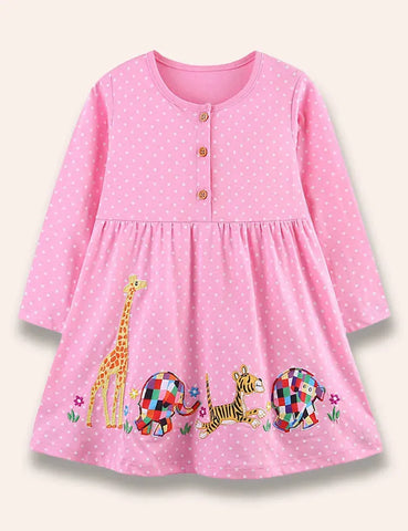 Gepunktetes Kleid mit Zoo-Tier-Applikation
