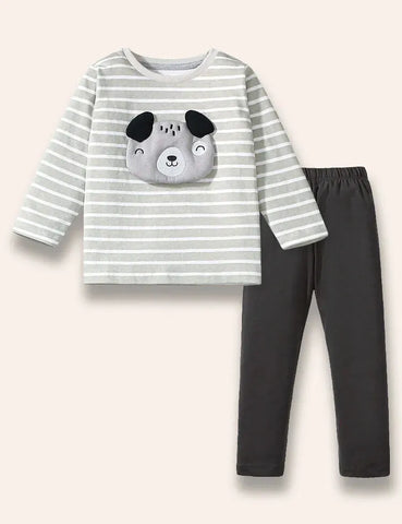 Gestreiftes Langarm-T-Shirt mit Welpen-Applikation