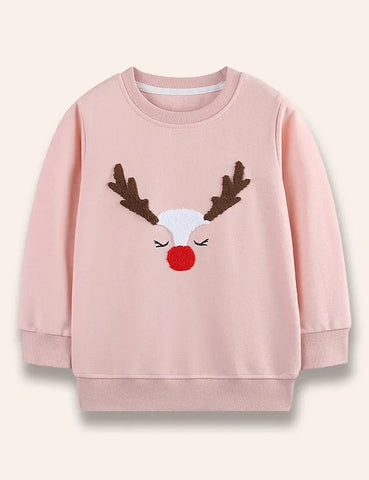 Weihnachtliches Sweatshirt mit flauschigem, besticktem Rentier