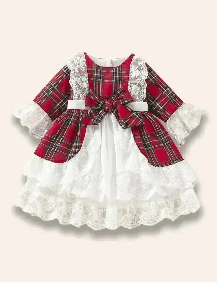 Weihnachts-Karo-Spitzenkleid mit Schleife