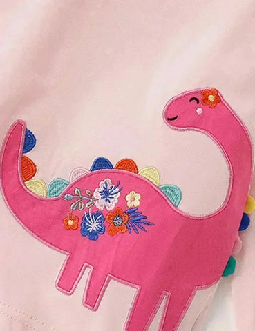 T-Shirt mit Dinosaurier-Applikation, Langarm und Rüschen