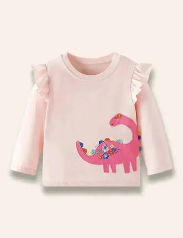 T-Shirt mit Dinosaurier-Applikation, Langarm und Rüschen