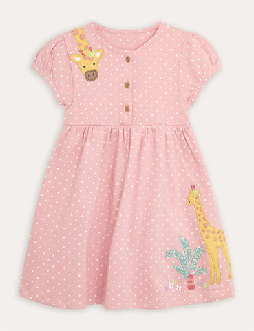 Coral Pink Giraffe Appliqué Button Front Dress