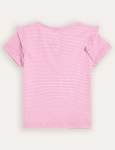T-shirt con spalle scoperte e volant applicati con unicorno rosa fucsia