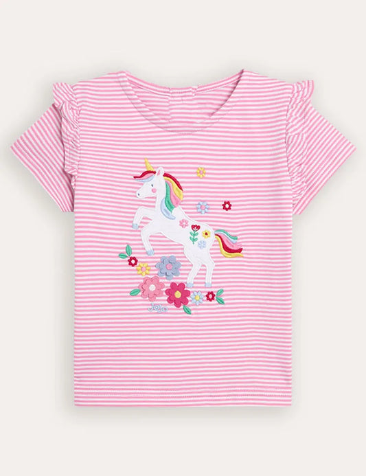 T-shirt con spalle scoperte e volant applicati con unicorno rosa fucsia