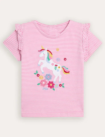 T-shirt con spalle scoperte e volant applicati con unicorno rosa fucsia
