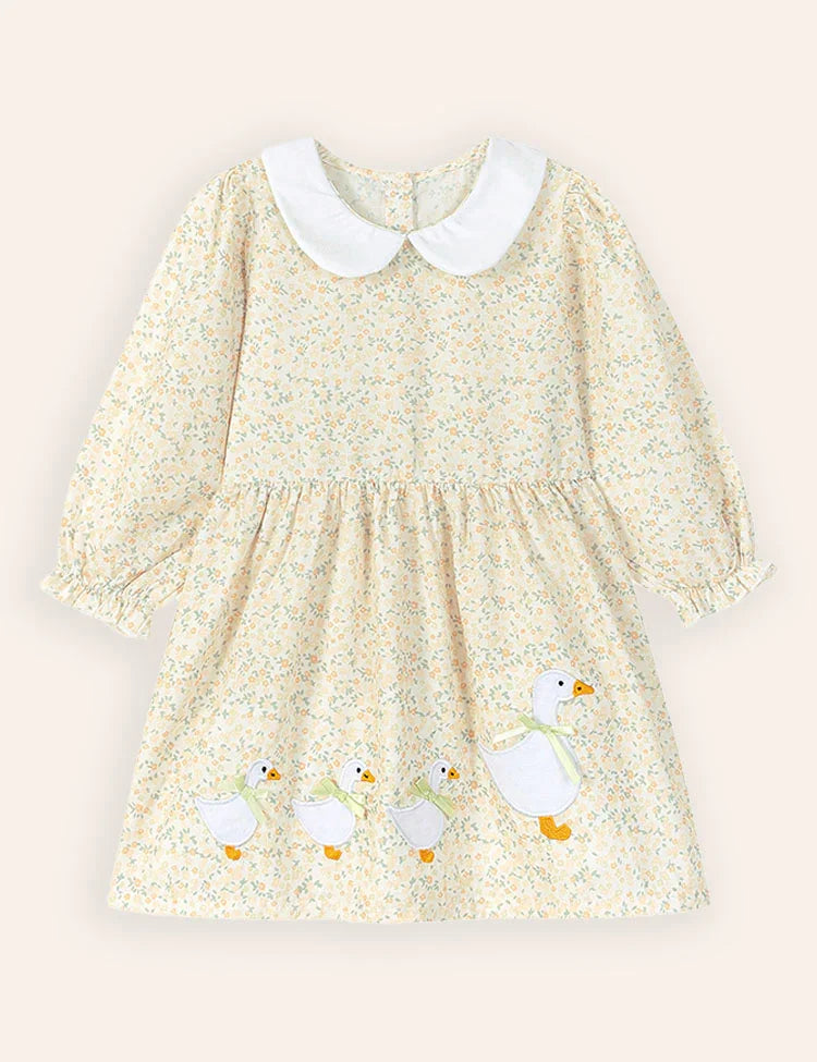Cute Ducks Appliqué Long Sleeves Dress
