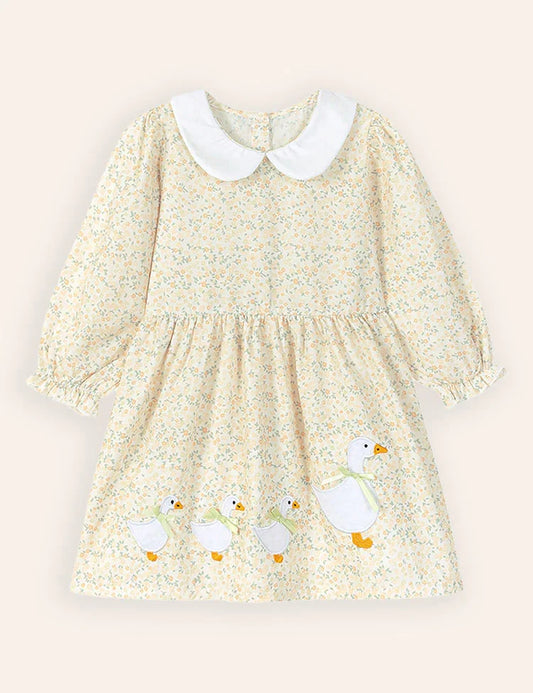 Cute Ducks Appliqué Long Sleeves Dress