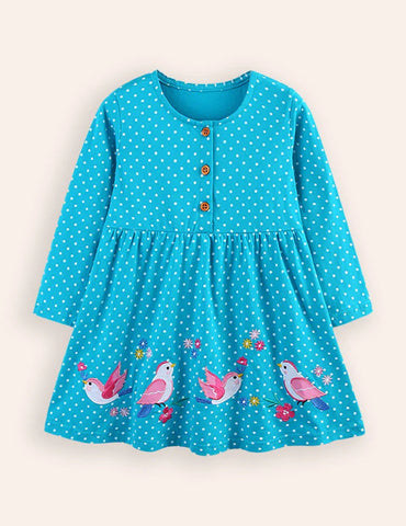 Bird Embroidered Long-sleeved Dress