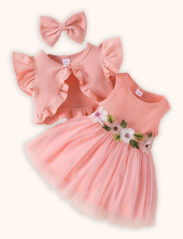 Flower Embroidered Tulle Dress + Knitted Coat Set