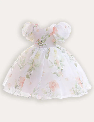 Bubble Sleeve Floral Tulle Party Dress