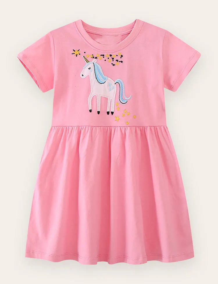 Baumwollkleid mit Einhorn- und Sternstickerei