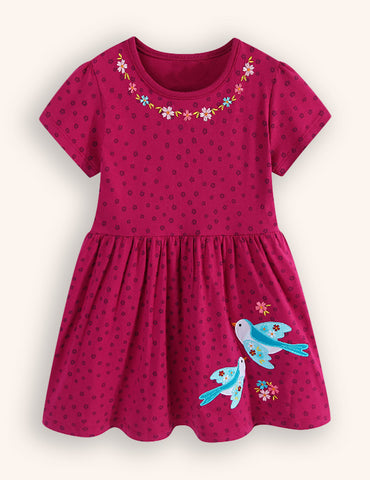 Flower Robin Embroidered Dress