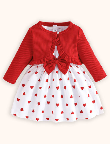 Valentine's Day Long-sleeved Coat and Love Print Vest Dress Set