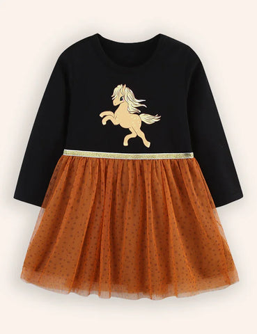 Cartoon Unicorn Tulle Long Sleeve Dress