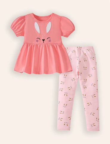 Cartoon Rabbit Applique Short Sleeve T-Shirt and Printed Leggings Set