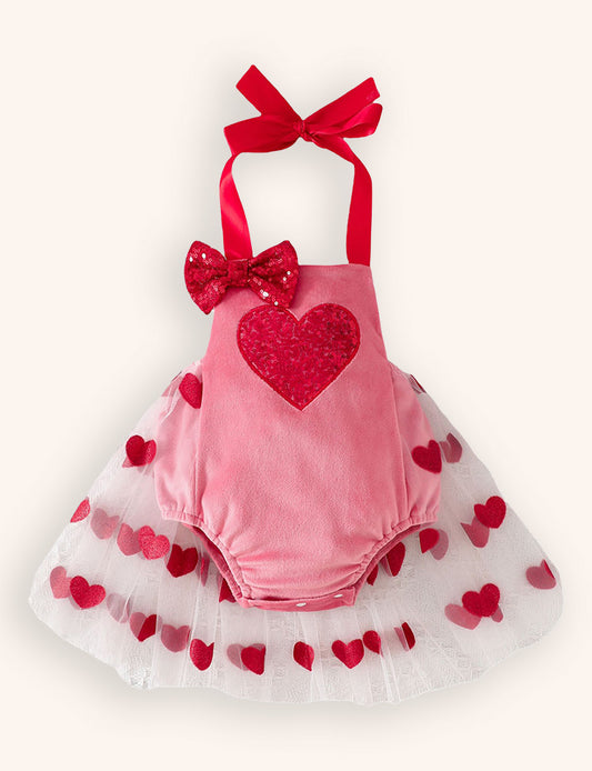 Valentine's Day Baby Love Embroidered Suspender Velvet Overall