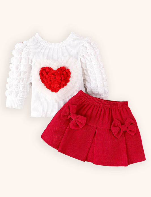 Valentine's Day Love Bubble Sleeve Top + Bow Skirt Set