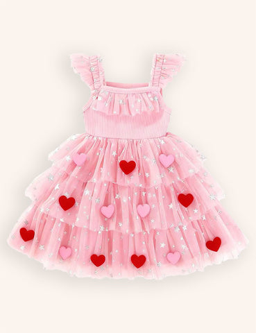 Valentine's Day Heart Applique Multi-layers Tulle Dress