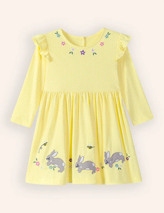 Floral Bunnies Appliqué Long Sleeve Dress