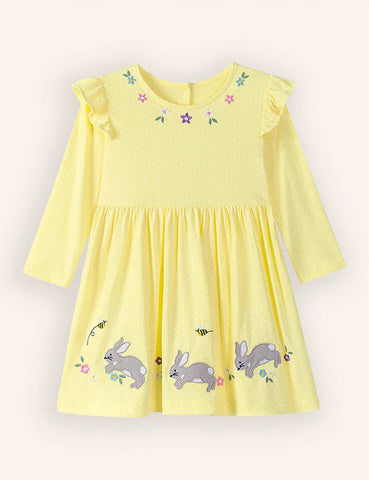 Floral Bunnies Appliqué Long Sleeve Dress