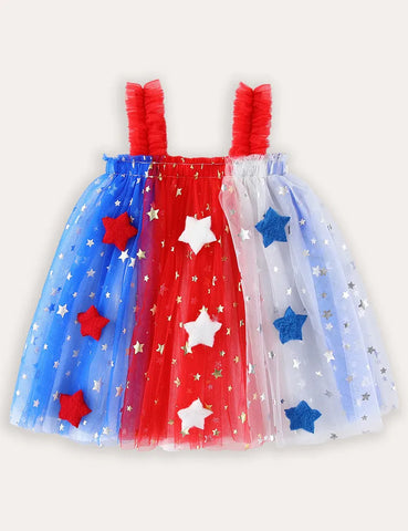 Independence Day Contrast Star Suspender Tulle Dress