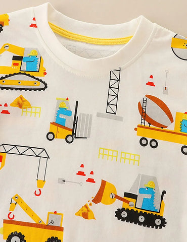 T-shirt a maniche corte stampata per auto da costruzione dei cartoni animati