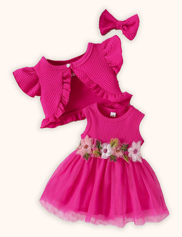 Flower Embroidered Tulle Dress + Knitted Coat Set