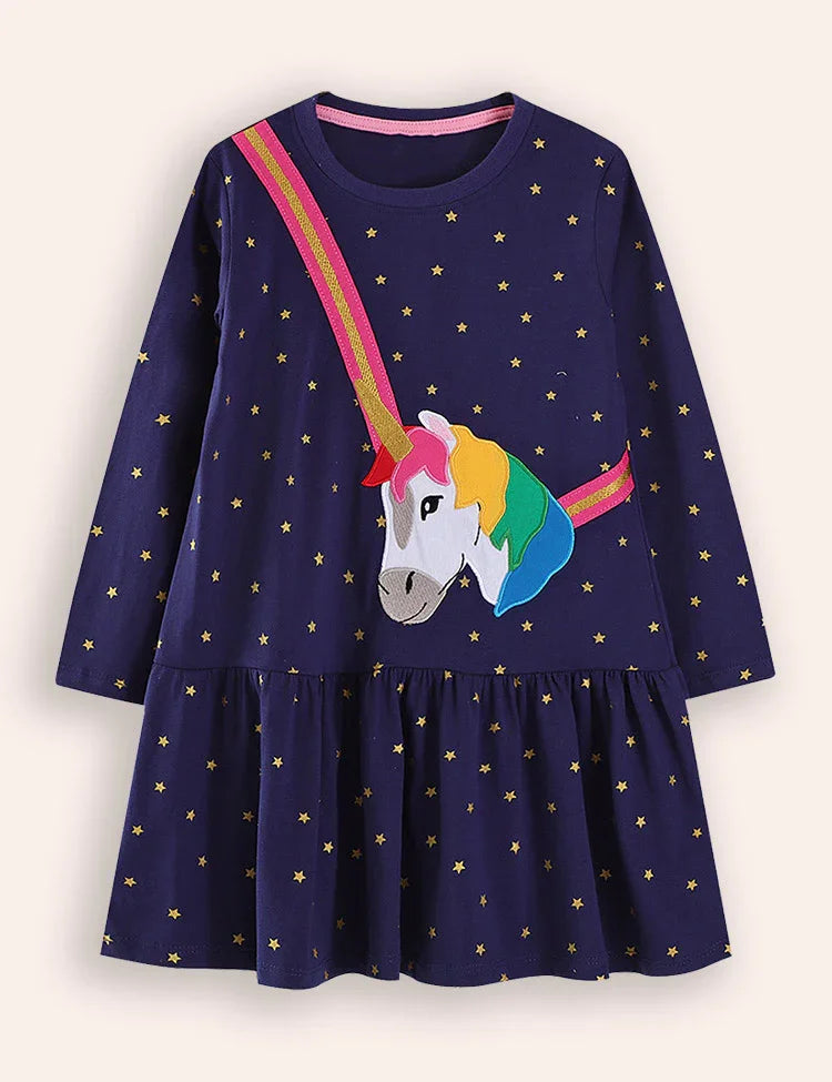 Star Unicorn Applique Long Sleeve Dress