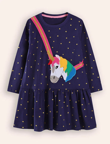 Star Unicorn Applique Long Sleeve Dress