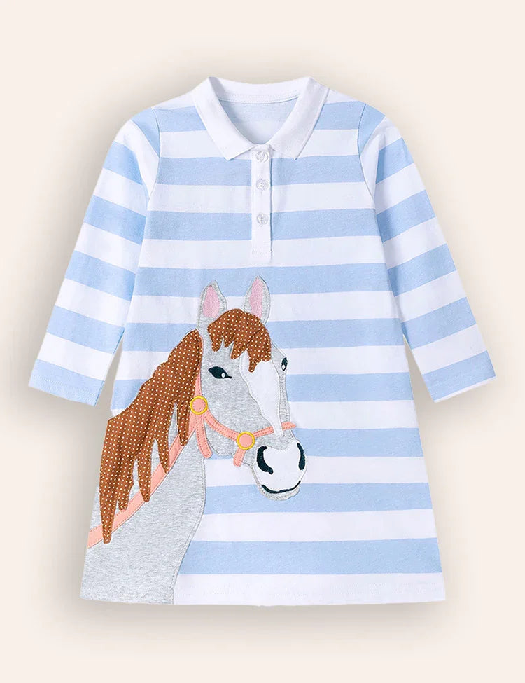Horse Big Appliqué Long Sleeves Cotton Dress