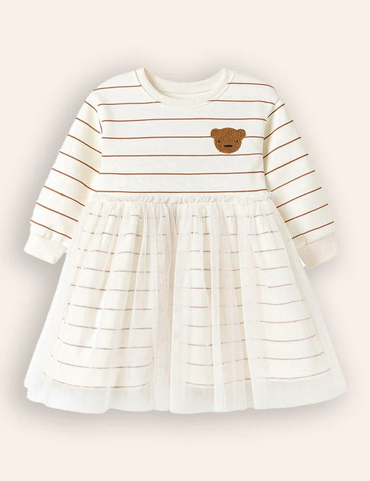 Plüsch-Tüllkleid mit Bärenapplikation und langen Ärmeln