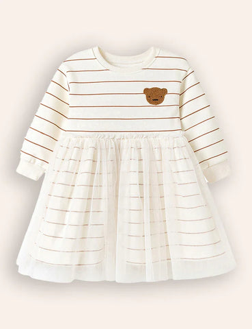 Bear Appliqué Long Sleeves Plush Tulle Dress