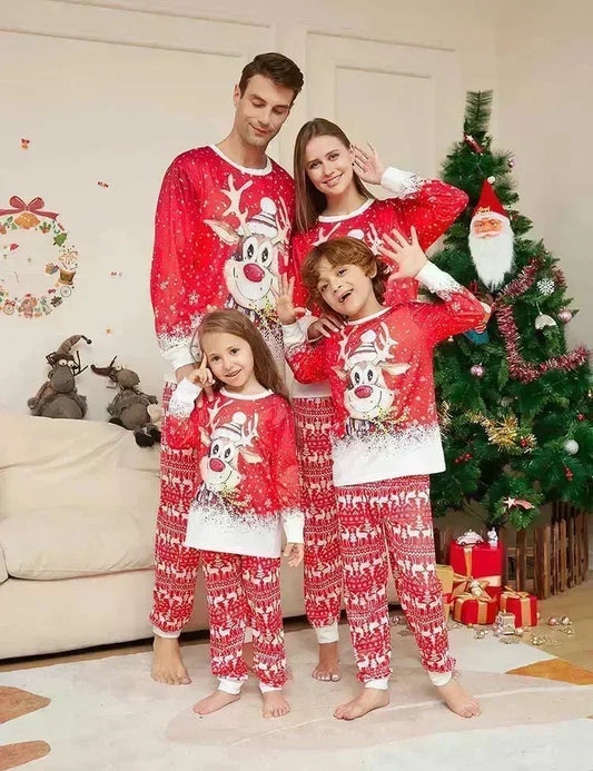 Weihnachtlicher Cartoon-Rentier-Print Familien-Pyjamas im Partnerlook