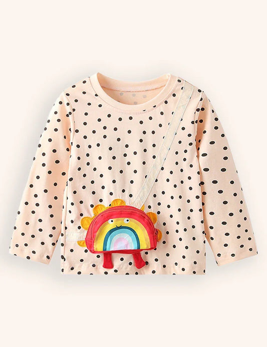 T-shirt a maniche lunghe con tasca con applicazione arcobaleno carino