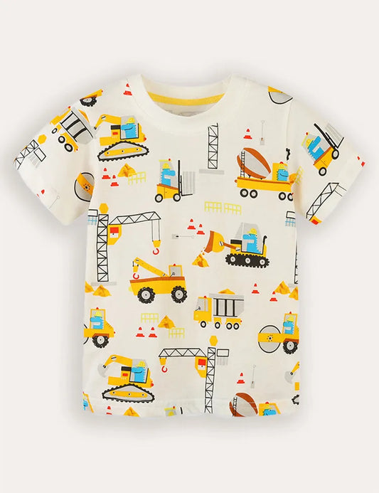 T-shirt a maniche corte stampata per auto da costruzione dei cartoni animati